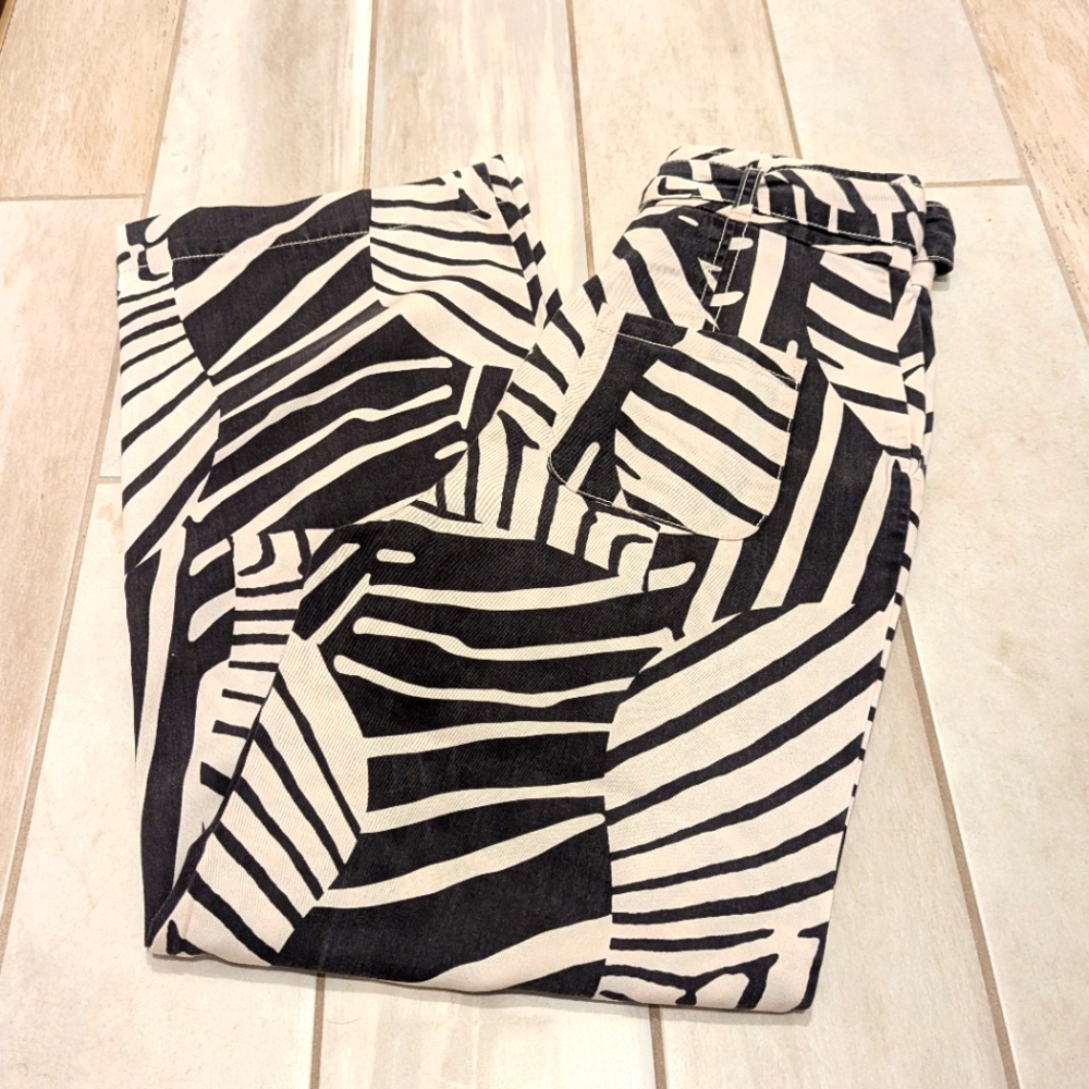Anthropologie Wide Leg High Rise Belted Trouser Pants Black Cream Print 4 27 - Picture 6 of 7